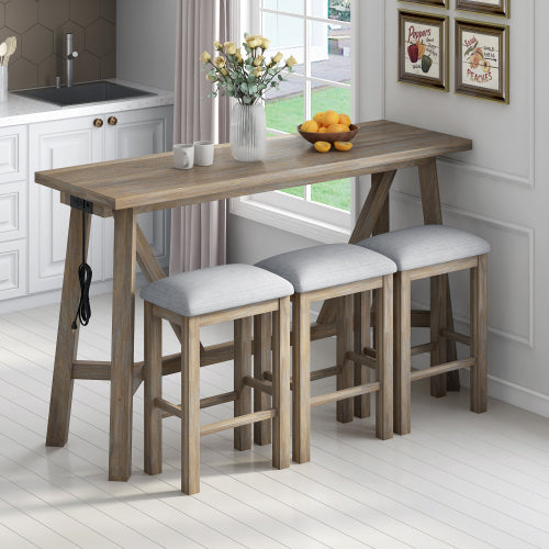 Dining Table Set for 3,Multipurpose Home Kitchen Dining Bar Table Set with 3 Upholstered Stools,Home Kitchen Furniture,4 Piece Dining Sets,Natural Wood Wash