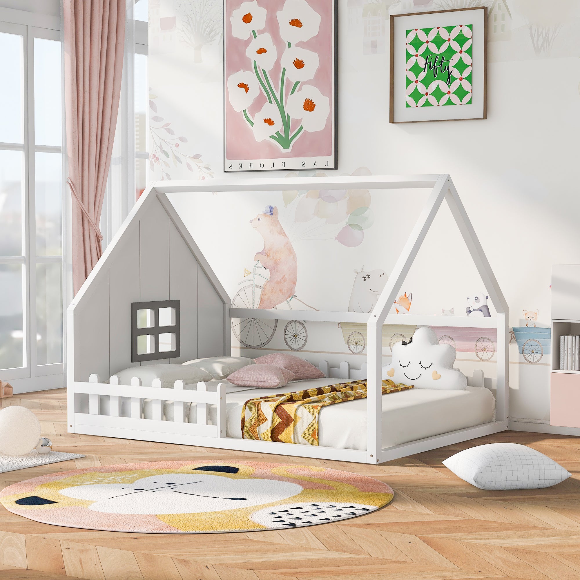 Full Size House Bed for Kids,Wood Montessori Floor Bed with Fence and Window Design,Full Bed Frame with Rails for Girls Boys,Wood Slat Support,No Box Spring Needed,Easy Assembly,White