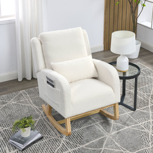 Modern Rocking Chair, Rocking Chair Nursery with 1 Lumbar Pillow and 2 Side Pockets, Soft Padded Small Rocking Chair for Indoor Living Room Bedroom, Ivory