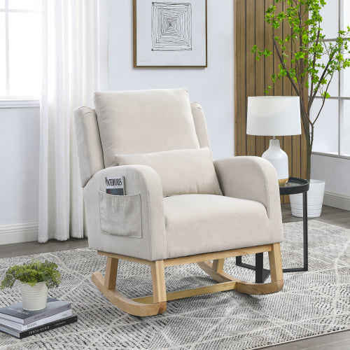 Modern Rocking Chair, Rocking Chair Nursery with 1 Lumbar Pillow and 2 Side Pockets, Soft Padded Small Rocking Chair for Indoor Living Room Bedroom, Beige