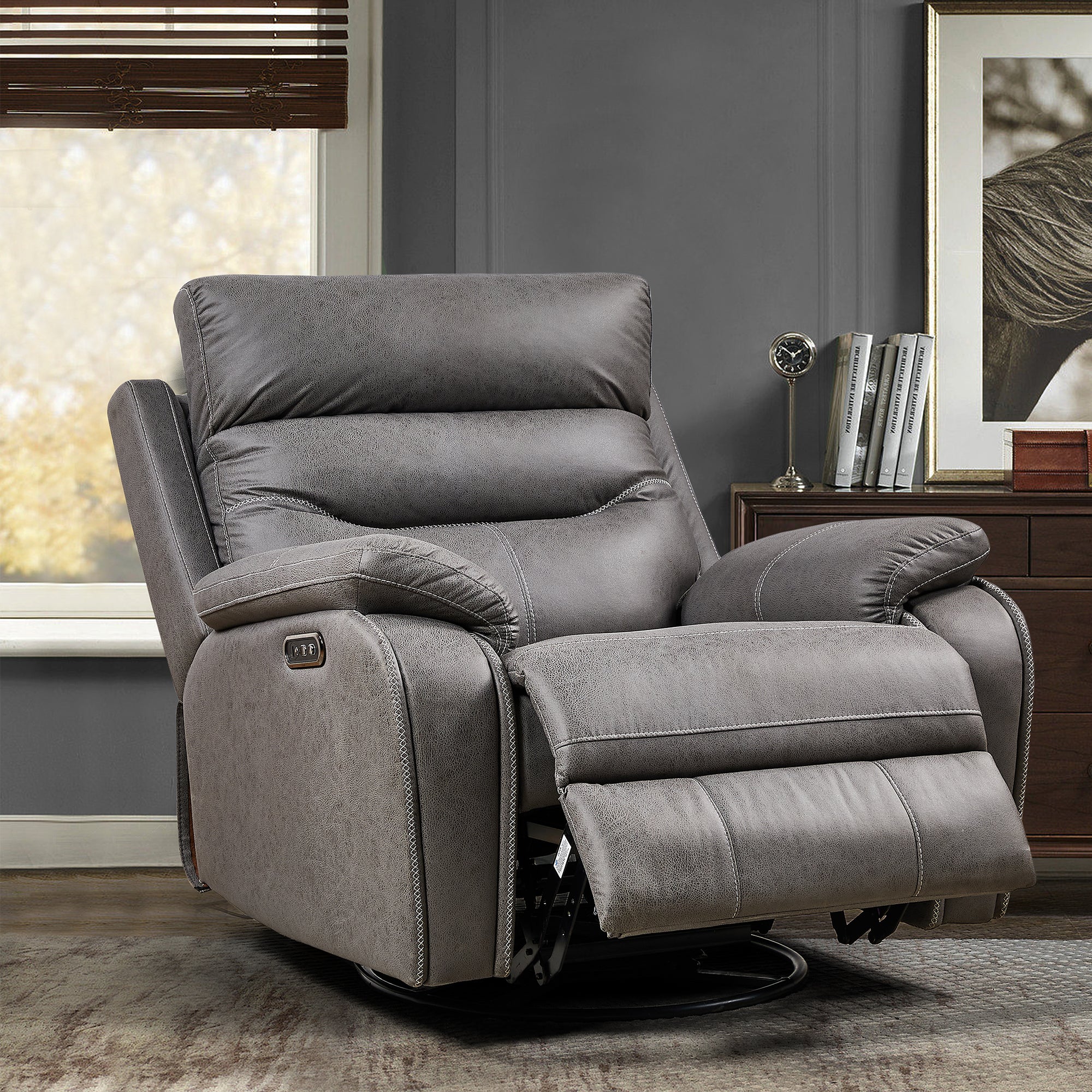 Oversized Power Recliner Chair for Adults, 240 Degree Swivel Glider Rocker Rocking Chair with Adjustable Backrest 90-132 Angle and Built-in Charging Ports for Living Room, Gray