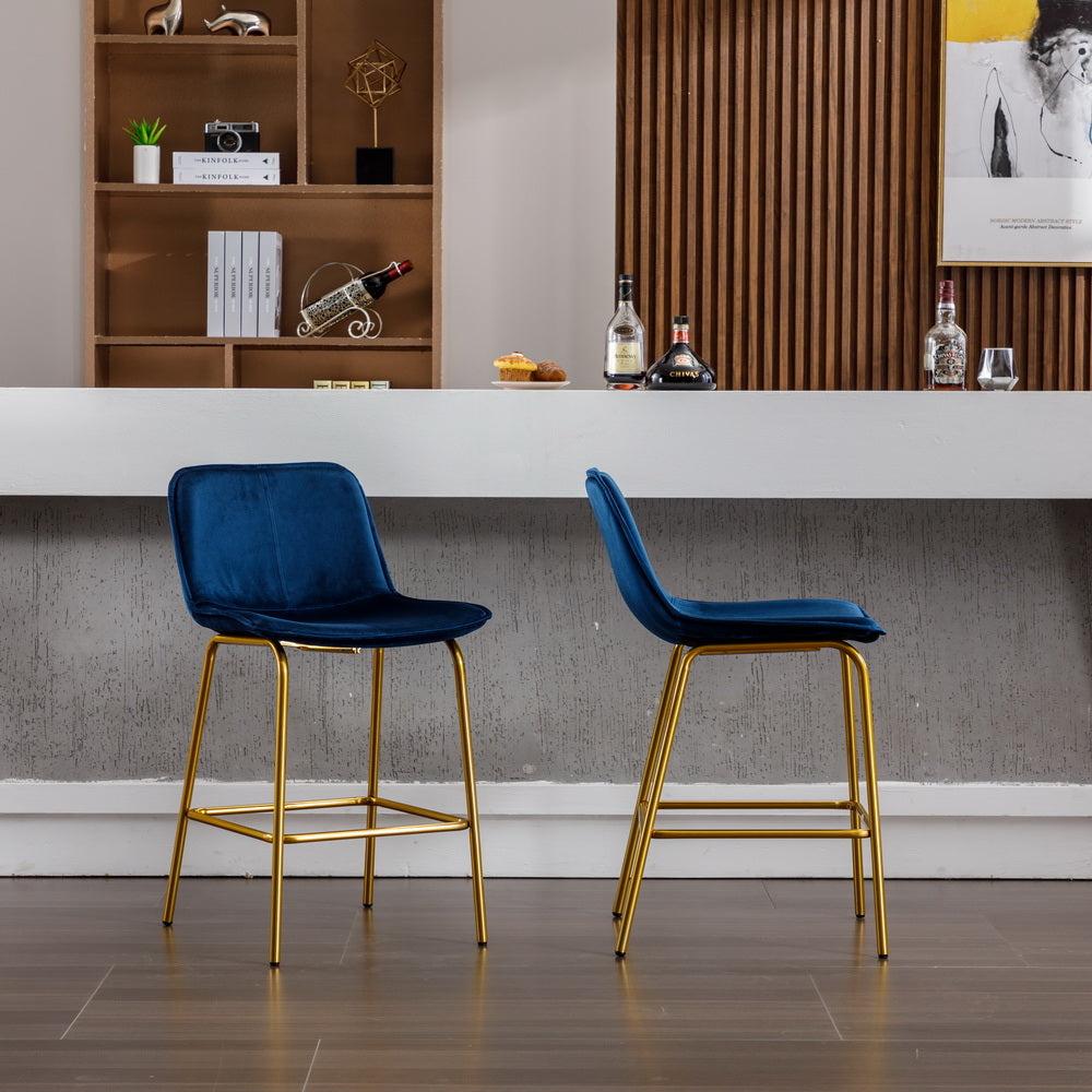 34 Inch Velvet Barstools Set of 2, Mid Century Modern Counter Stools with Gold Legs and Footrest, Counter Height Stool Chairs with Backrest, Bar Stools for Kitchen Island, Pub, Restaurants, Blue