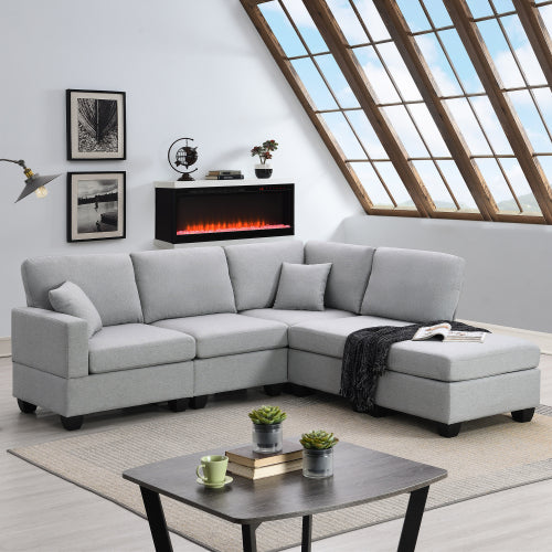 Modern Sectional Sofa,5-Seat Modular Sofa Couch Set with Convertible Ottoman,L-Shape Linen Fabric Corner Couch Set with 2 Pillows for Living Room,Apartment,Office,Grey