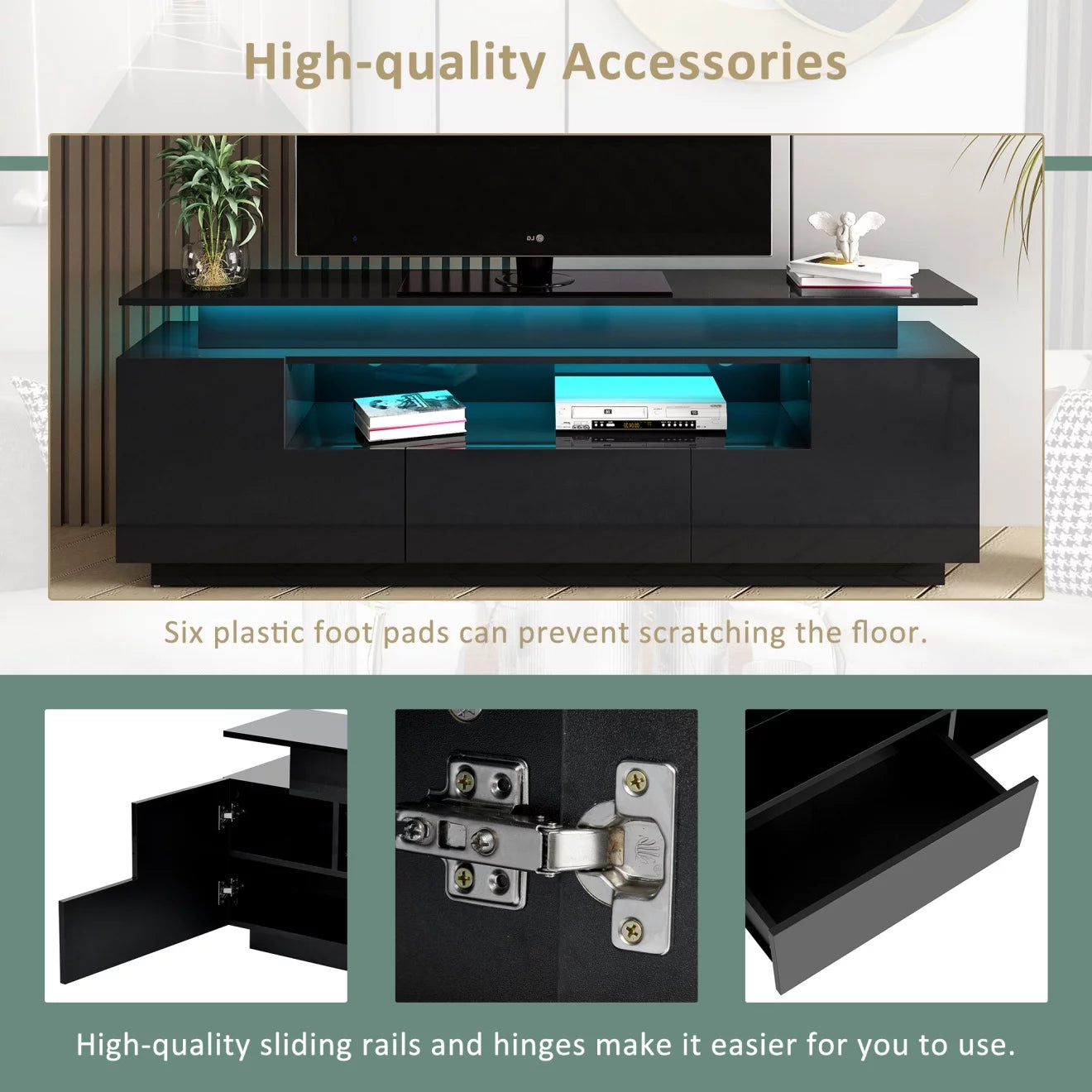 Floating LED TV Stand for 75+ inch TV, Entertainment Center with 16-color LED Light Strips, Stylish Storage Shelf , Black