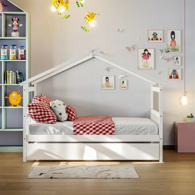 Full Size House Bed with Twin Size Trundle, Wooden Platform Bed Frame with 10 Sturdy Slats Support Playhouse Montessori Bed Frame Floor Bed for Kids Toddlers Teens, No Box Spring Needed, White
