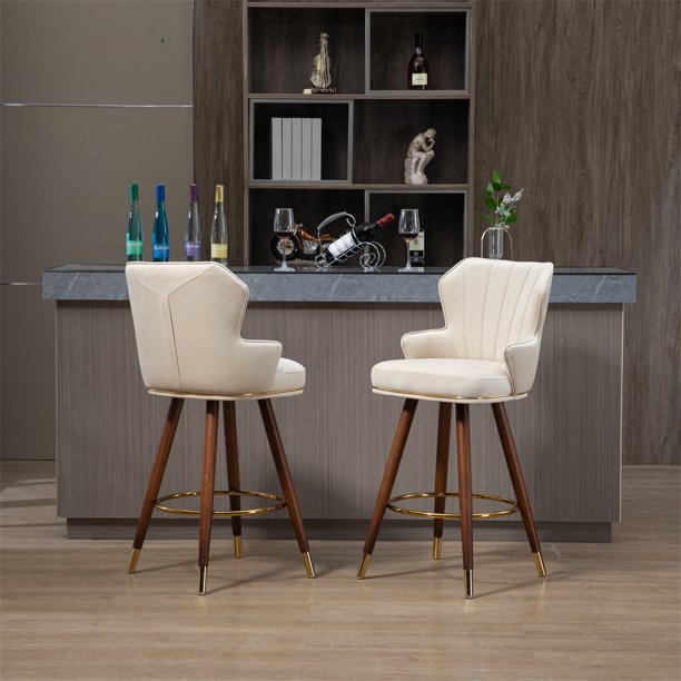Swivel Bar Stools Set of 2, 360° Swivel Counter Height Barstools with Tufted Backrest, Golden Stripe and Footrest, 27.9 Inch Modern Upholstered Bar Chairs for Home Kitchen Island, Ivory