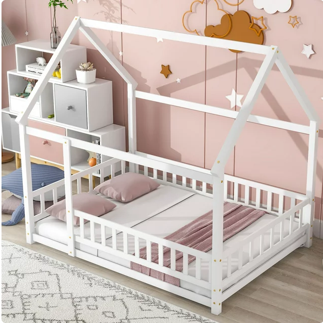 Full Size Floor Bed with Fence Guardrails for Kids, Montessori Bed Playhouse Bed with Roof, Full Platform Bed Frame for Children Teens Bedroom, No Slats Included (White, Full Size)