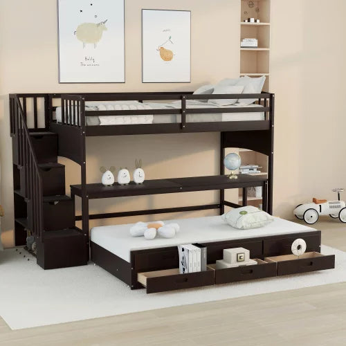 Twin XL Loft Bed with Desk and Stairs, Wooden Stairway Loft Bed with Twin Size Trundle and 3 Storage Drawers Underneath, Multifunctional Bed Frames for Kids Teens Bedroom, Guest Room, Home, Espresso