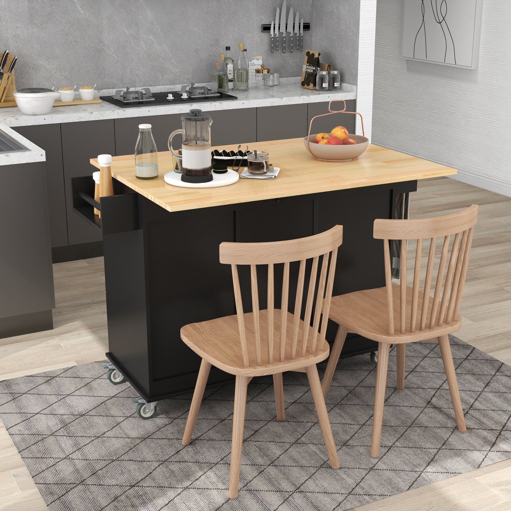 Rolling Kitchen Island with Three Drawers and Storage Cabinet, Kitchen Cart with Store Platform and Drop Leaf, Paper Towel Rack and Spice Rack Kitchen Cart on Wheels