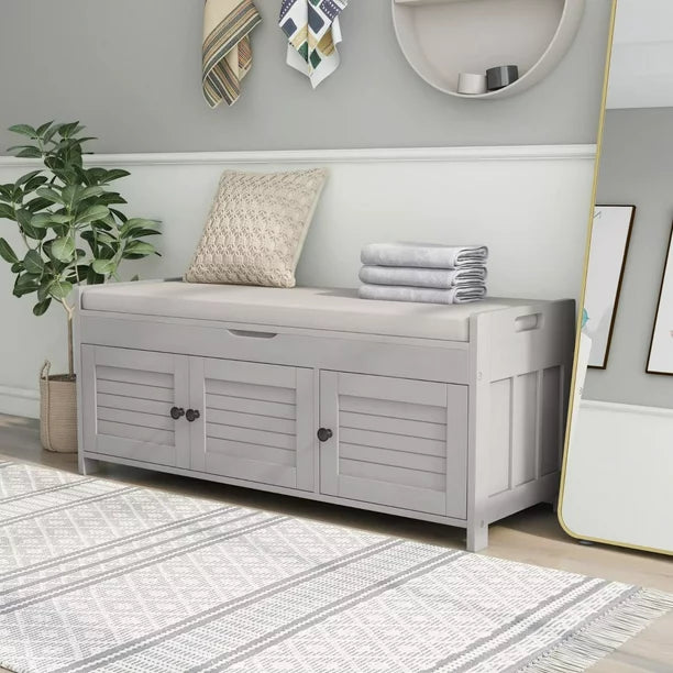Shoe Storage Bench, Wooden Entryway Bench with Removale Cushion, 3 Shutter-Shaped Doors and Hidden Storage Space for Living Room Entryway, 43.5“L x 16”W x 18”H, Gray Wash