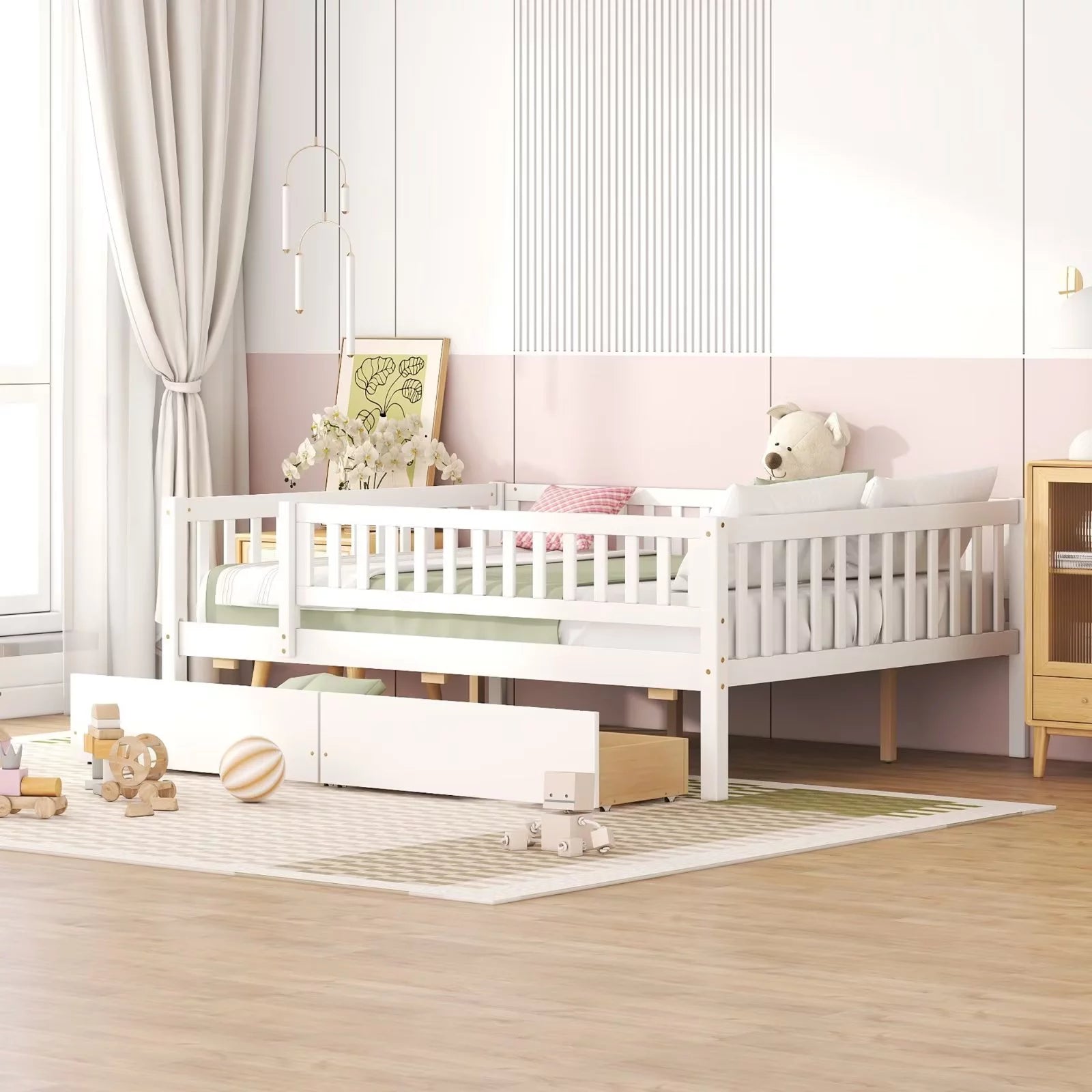 Low Wood Bed with Fence Guardrails for Kids, Full Size Platform Bed Frame Montessori Bed with 2 Storage Drawers & Slats System for Boys Girls Bedroom, No Box Spring Required, (White, Full Size)