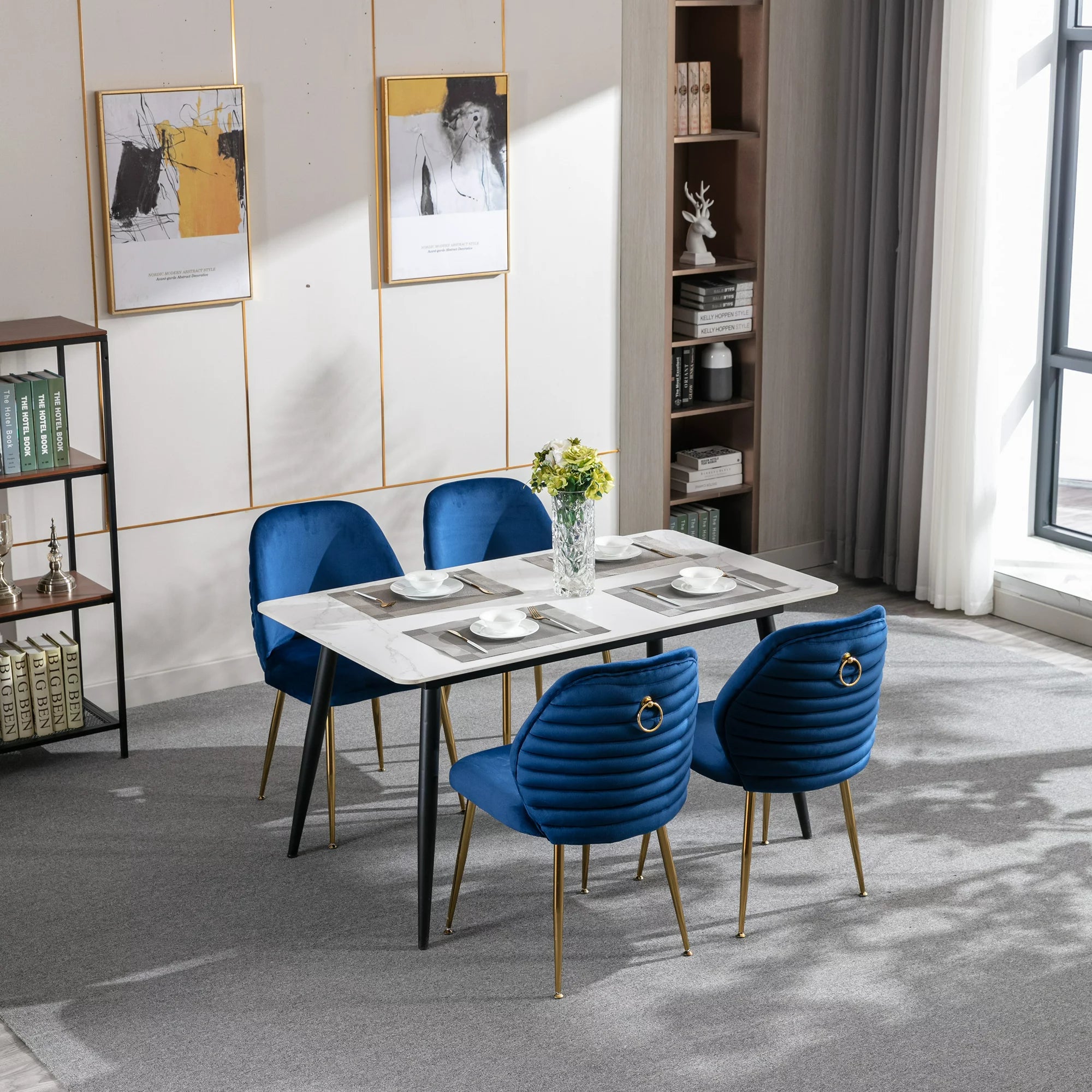 Set of 2 Velvet Dining Chair, Mid Century Velvet Upholstered Accent Chairs with Barrel Backrest and Ring Pull, Modern Side Chairs with Gold Metal Legs for Dining Room Living Room Bedroom, Blue