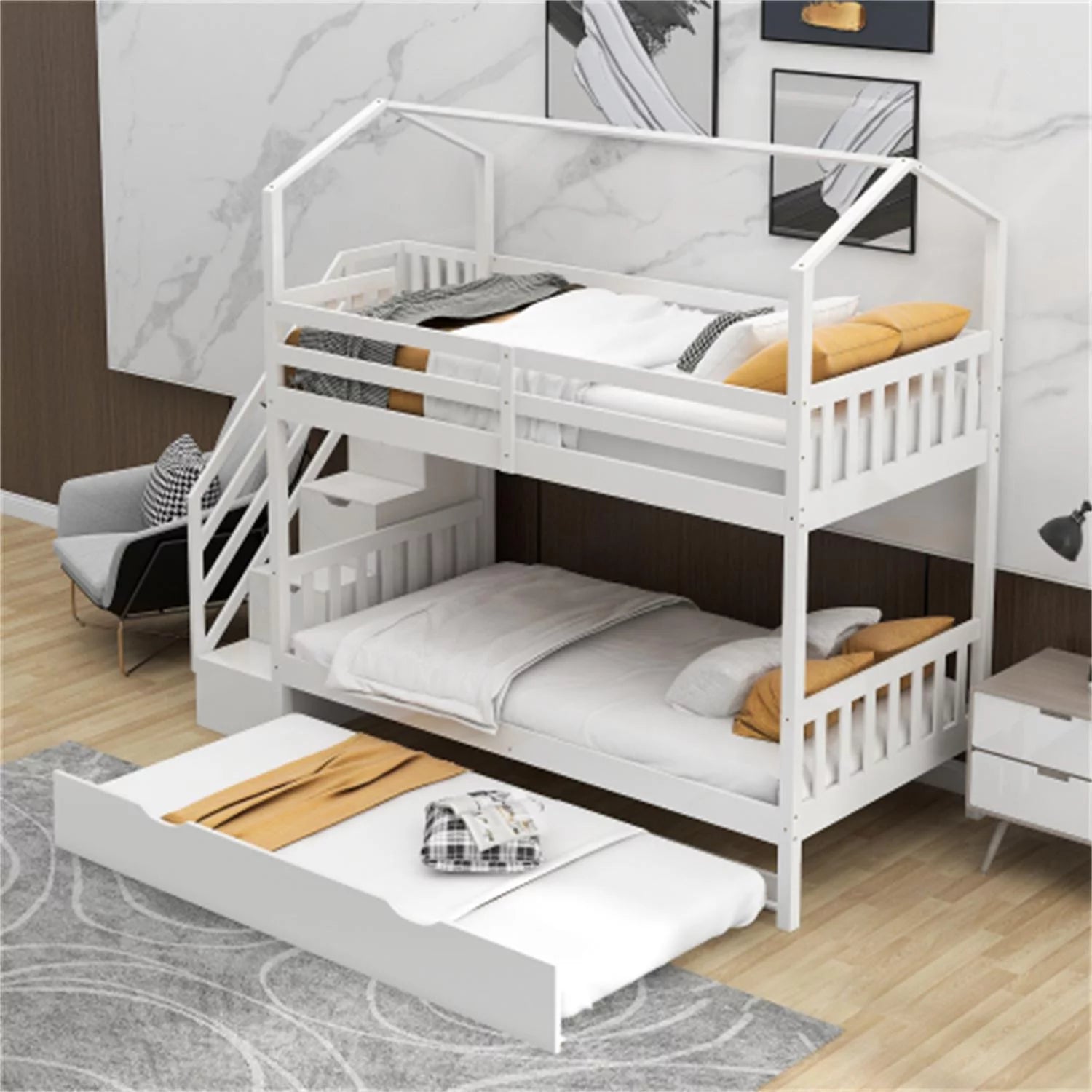 Twin over Twin Bunk Bed Frame with Pull Out Bed and Storage Stairs, White