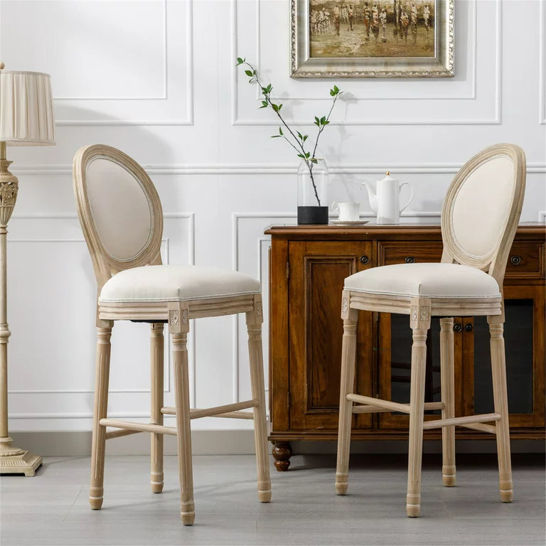 Bar Stools Set of 2,French Country Tall Wooden Barstools,Armless Stool Chairs with Upholstered Seat and Back,Solid Wood Frame Chairs with Footstand,Beige and Natural