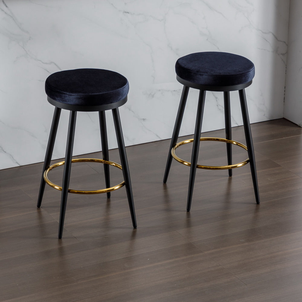 24 Inch Velvet Barstools Set of 2, Counter Stools with 360 Degree Swivel Seating, Round Bar Stools with Golden Footrest for Kitchen Island, Pub, Restaurants, Black