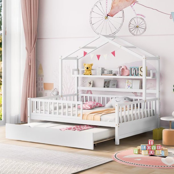 Full Size House Bed Frame with Twin Size Trundle, Full Platform Bed Frame with Storage Shelf and Fence Guardrails, Solid Wood 2-in-1 Beds with Roof for Kids Boys Girls Bedroom, White