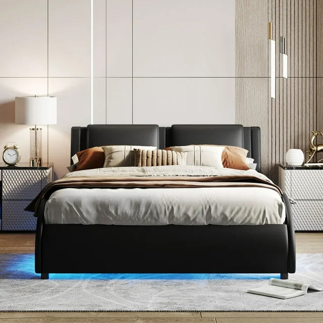 Queen Bed Frame with LED Light, Upholstered Queen Size Platform Bed Frame with Headboard, Modern Faux Leather Queen Wave Like Curve Low Profile Bed Frame with Durable Wooden Slats Support, Black
