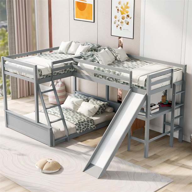 Triple Beds with Desk and Slide, Twin over Full L-shaped Bunk Bed and Loft Bed, Wood Bed Frame with Full-Length Guardrail and 2 Ladders, Gray