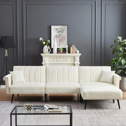 Convertible Sectional Sofa Sleeper Bed, L-Shape Chaise Velvet Upholstered Sofa Bed with 2 Pillows and Black Met Legs, Modern Contemporary, for Living Room