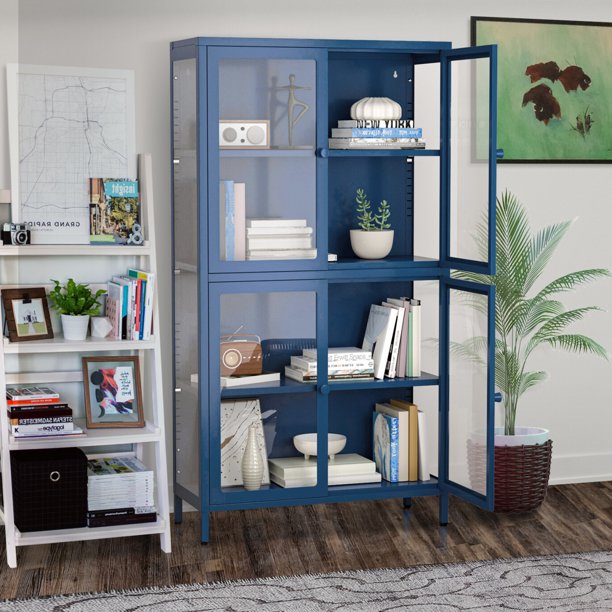Four Glass Door Storage Cabinet with Adjustable Shelves and Feet Cold-Rolled Steel Sideboard Furniture, Buffet Sideboard Storage Cabinet for Living Room Kitchen