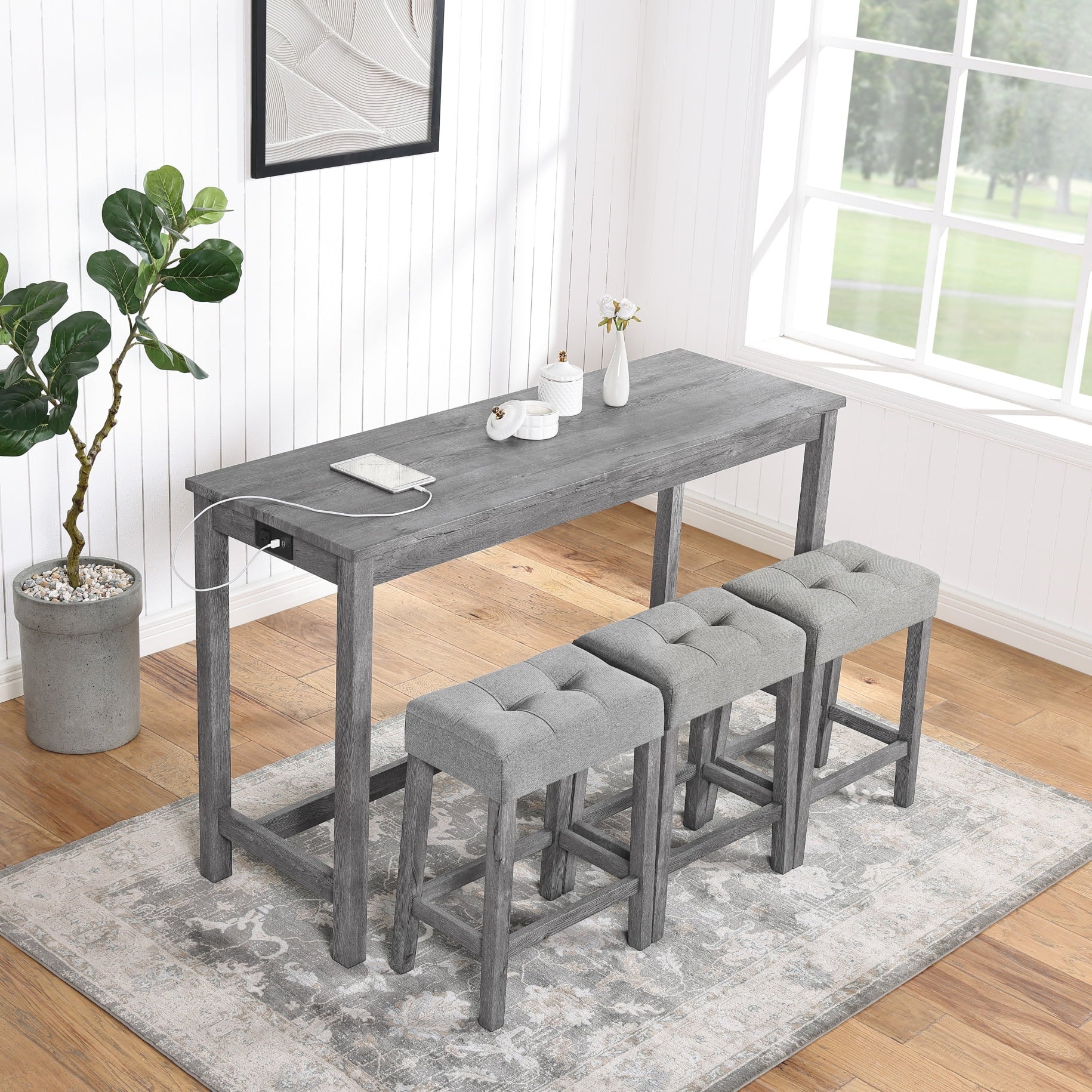 4 Piece Bar Table Set with Power Outlet,Dining Table and Chairs Set,Industrial Breakfast Table Set with 3 Padded Stools for Living Room,Dining Room,Game Room,Gray
