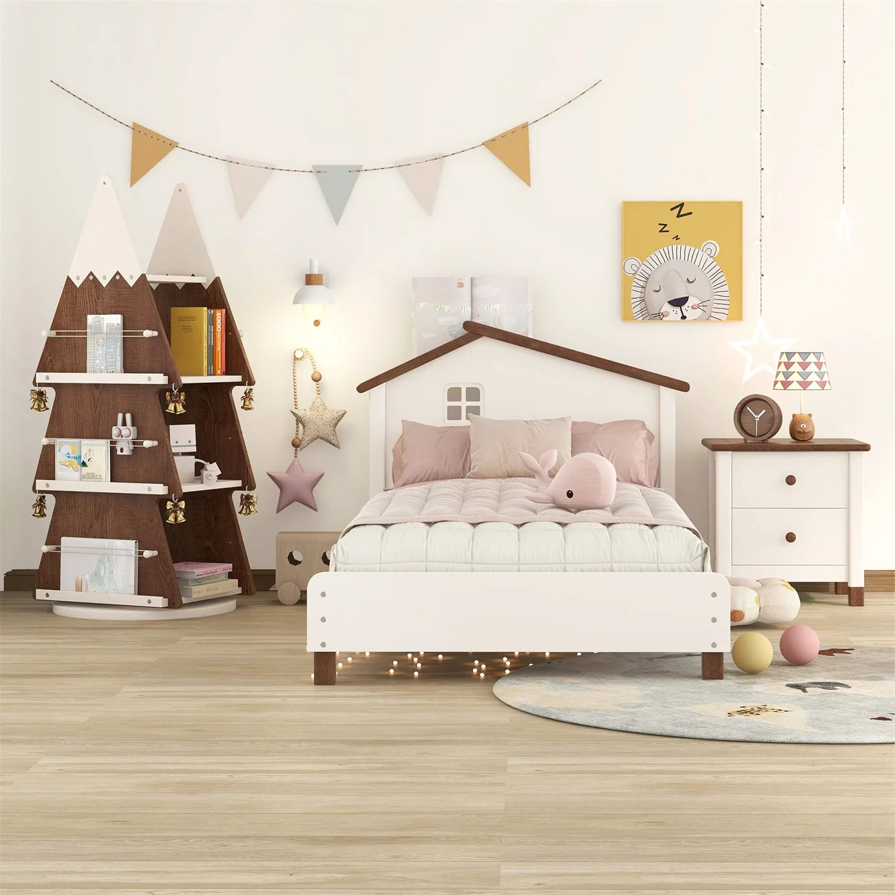 3-Pieces Bedroom Sets, Twin Size Platform Bed Nightstand and Rotating Storage Shelf for Kids Teens, Wooden Bedroom Furniture Set with Twin Bed, One Nightstands, One 4 Layers Bookhelf, Cream+Walnut