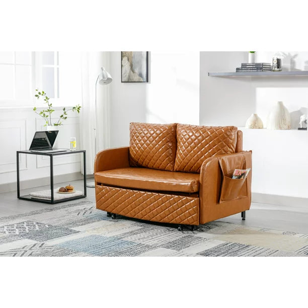 Convertible Sleeper Sofa, Modern PU Leather Loveseat Couch with Pull Out Bed and Headboard, Upholstered Futon Sofa Bed with 2 Pillows and Side Pockets for Living Room Bedroom, Brown