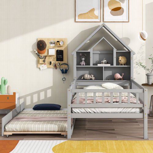 Twin Bed Frame with Fence Railings and Trundle, Wood Twin Size Platform with House Shaped Storage Headboard for Boys Girls, Montessori Safety Guardrails Design, No Box Spring Needed, Gray