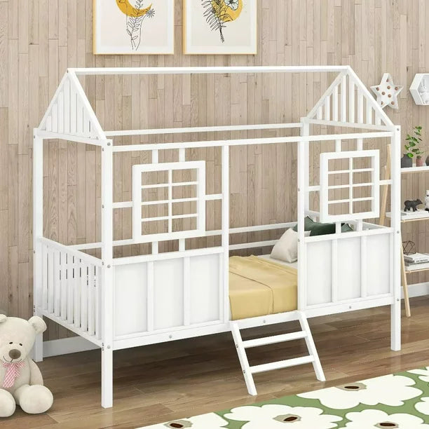 Low Loft Bed Frame,Metal House Shaped Loft Bed with Roof and Two Front Windows,Space Saving Loft Bed with Under Bed Storage Space for Bedroom Apartment,White