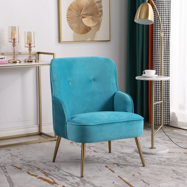 Accent Chair,Modern Velvet Side Chair with Gold Metal Legs and Soft Back,Comfy Reading Chair Leisure Armchair for Club Bedroom Living Room Office,Teal