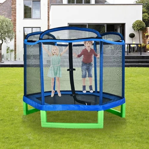 7FT Kids Trampoline, Durable Bouncer Spring Gym Toy Indoor/Outdoor with Safety Net Enclosure, Padded Cover, Fun Exercise Activity for Children, Blue
