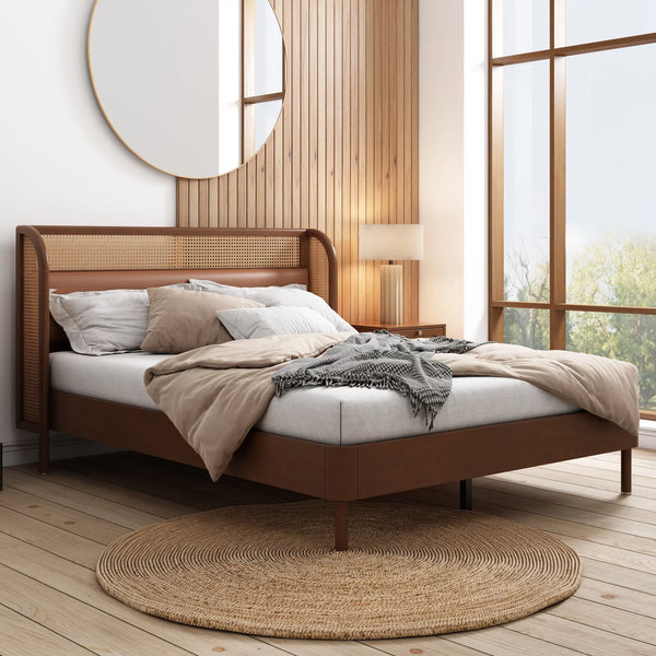 Modern Cannage Rattan Wood Platform Bed,Queen Size Platform Bed with Woven Ratten Headboard,Platform Bed Frame with PU Leather Backrest for Bed Room,Walnut