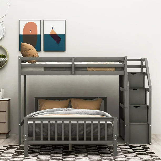 L-Shaped Bunk Bed with Stairs, Twin over Full Loft Bed Frame with Full-Length Guardrail & Storage Stairway & Handrails, Space-Saving Loft Bunk Bed, Separated into 2 Beds, No Box Spring Needed, Gray