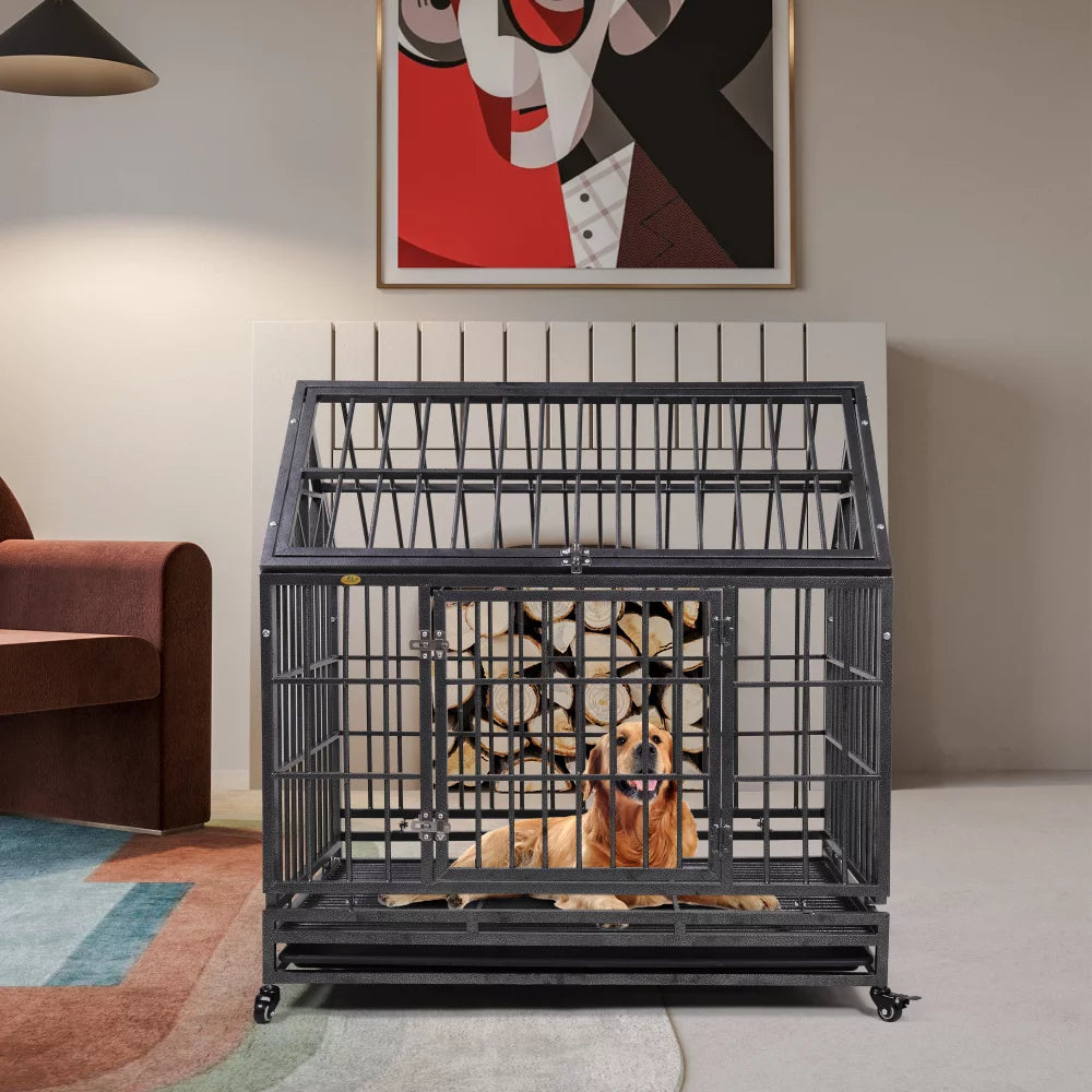 Heavy Duty Indestructible Dog Crate, Escape Proof Dog Cage Kennel with Lockable Wheels, High Anxiety Double Door Dog Crate, Extra Large Crate Indoor for Large Dog with Removable Tray, Black