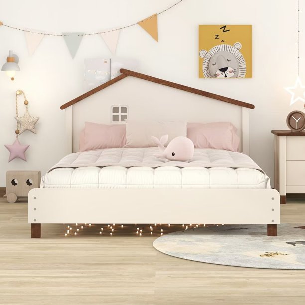 Full Size Wood Platform Bed with House-shaped Headboard, Wooden Bed Frame with Shelf Behind, Cute Full Bed for Kids Teens Girls Boys, No Box Spring Needed, Cream+Walnut