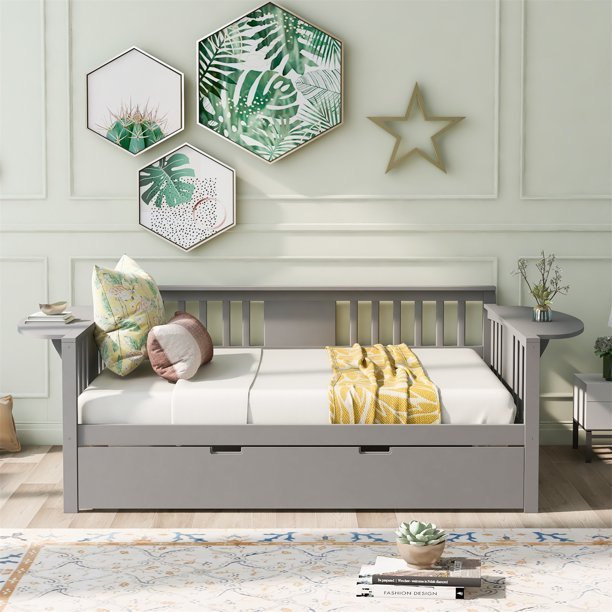 Full Size Daybed with Twin Size Trundle Bed, Dual-Use Sofa Bed Daybed Frame with Wood Legs & Slats Support, Wooden Indoor Mattress Foundation for Bedroom Living Room, No Box Spring Needed, Gray