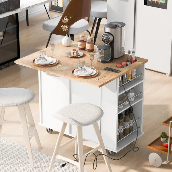 Kitchen Island Cart with Power Outlet, Kitchen Storage Island with Drop Leaf and Rubber Wood, Open Storage and Wine Rack, Rolling Kitchen Table with 5 Wheels for Home, Kitchen, Dining Room, White