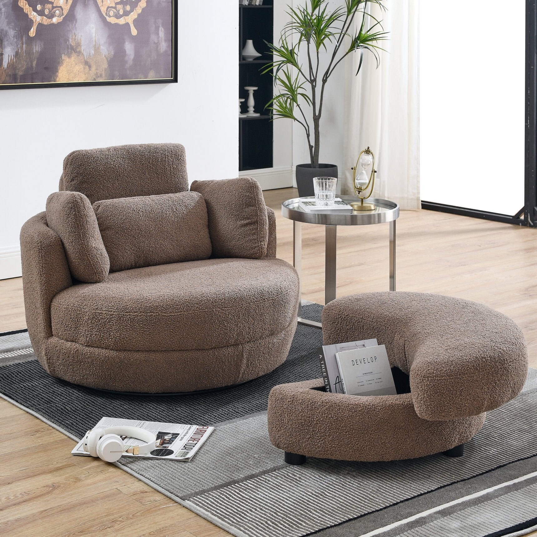39"W Oversized Swivel Accent Chair with Moon Storage Ottoman, Round Swivel Barrel Chair with 4 Pillows,Loveseat Sofa Chair Lounger Armchair for Living Room,Coffee