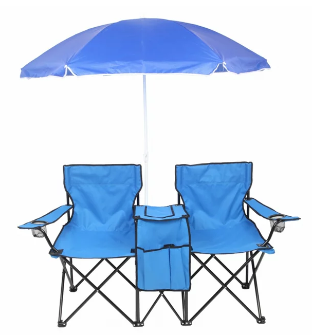 Loveseat Camping Chair with Removable Umbrella,Portable Folding Chair with Cooler Bag & 2 Cup Holders & Carrying Bag, Foldable Patio Chair for Travel, Fishing, Picnic