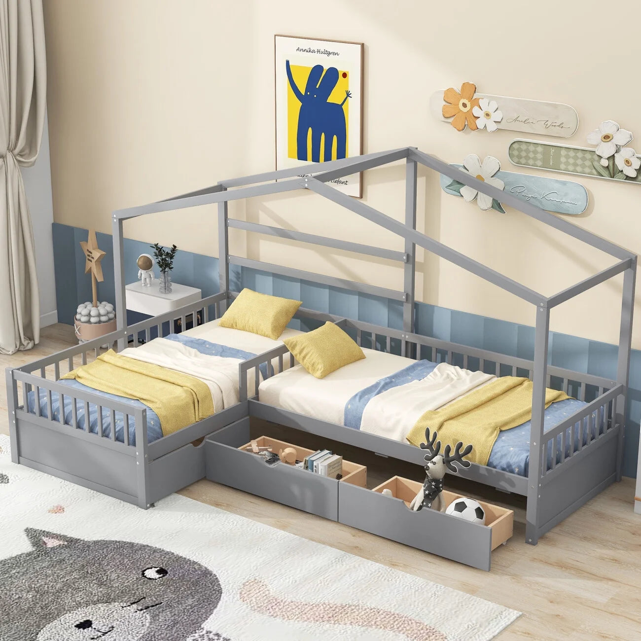 Twin Size House Platform Bed with Three Storage Drawers, L-Shaped Platform Bed Frame with Safety Guardrail and Sturdy Solid Wood Slats for Kids Teens Girls and Boys, Gray