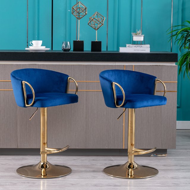 Bar Stools Set of 2,Velvet Counter Height Bar Stools with Chrome Footrest and Gold Base,Swivel Height Adjustable Barstools for Kitchen Island,Pub,Dining Room,Navy