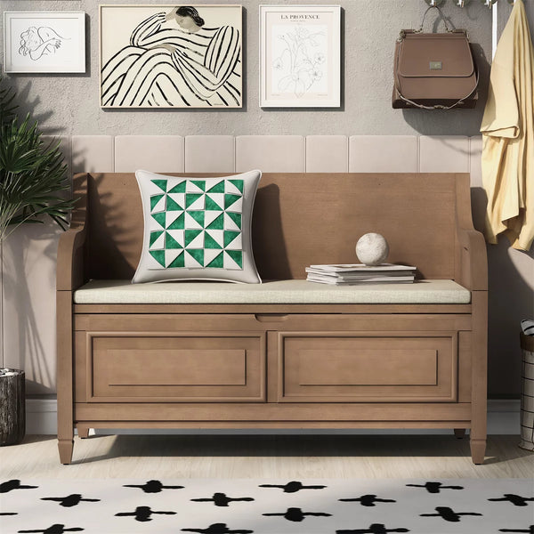 42" Storage Bench, Rustic Entryway Bench with Safety Hinge, Wood Bed Ottoman Bench with Cushion for Living Room Bedroom, Brown