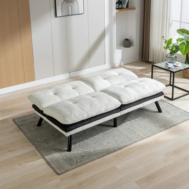 Convertible Folding Futon Sofa Bed Loveseat, Adjustable Back Lounge Sleeper Couch with 6 Sturdy Metal Legs, Chenille Upholstered Sets for Compact Living Space, Office, Creamy White