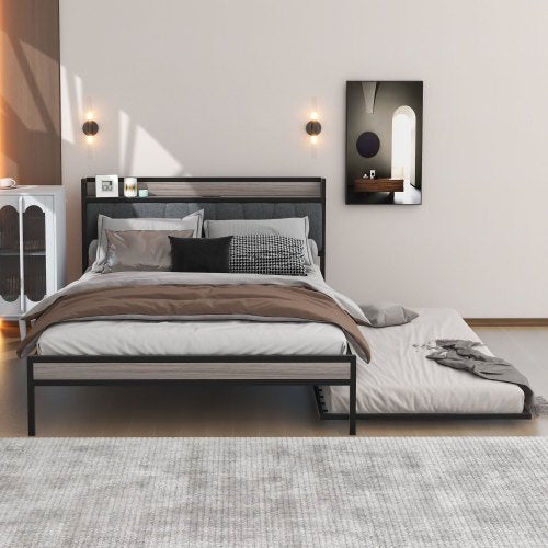 Queen Size Metal Platform Bed Frame with Twin size trundle, Upholstered headboard ,Sockets, USB Ports and Slat Support ,No Box Spring Needed,Black