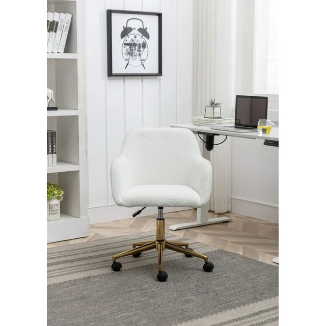 Modern Swivel Desk Chair, Teddy Fabric Home Office Task Chair Adjustable Swivel Mid-Back Cute Upholstered Accent Vanity Armchair with Gold Metal Legs and Universal Wheel for Home Office, White