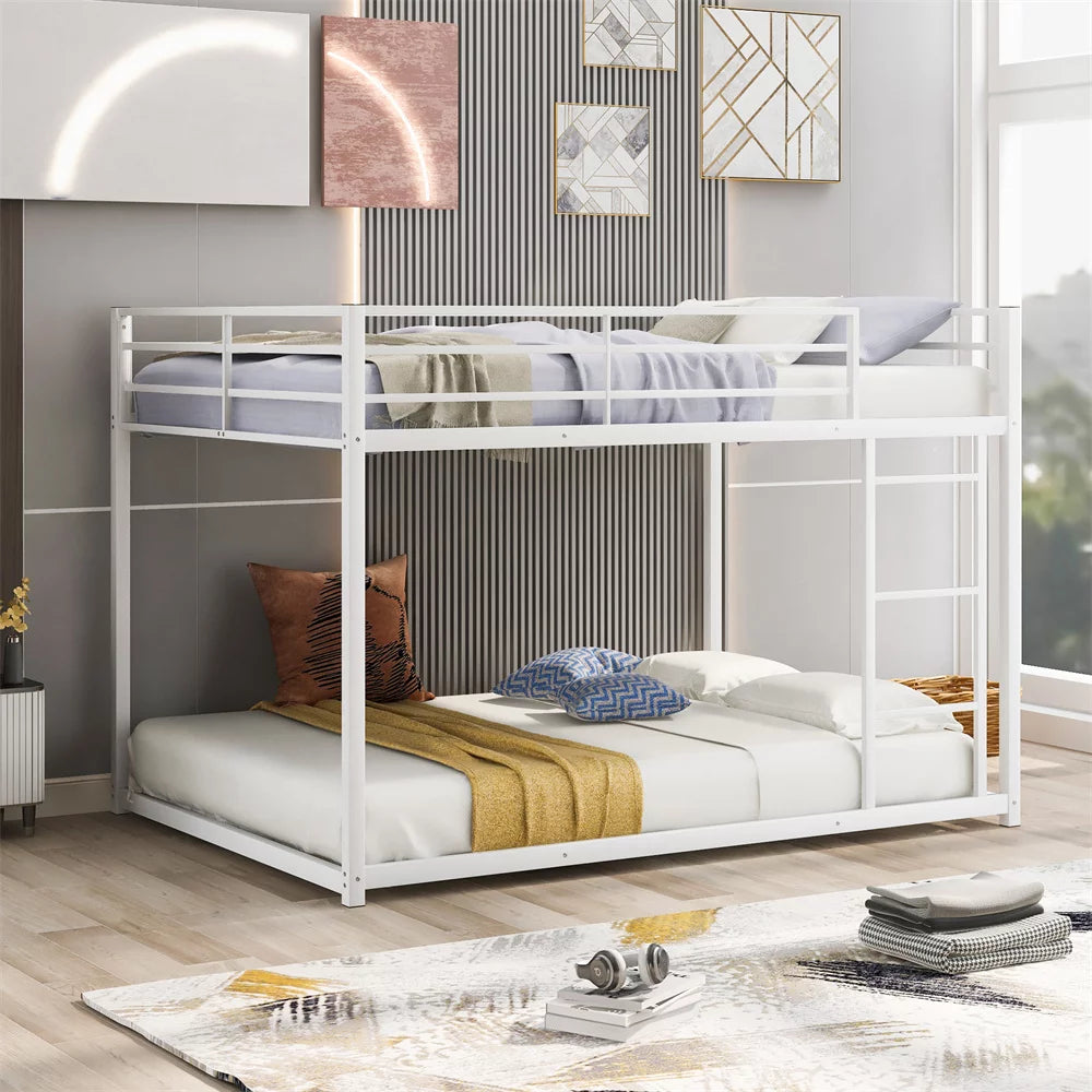 Low Bunk Bed Full over Full, Metal Bunk Bed Frame with Full-Length Guardrails and Side Ladder, Heavy Duty Floor Bunk Bed, Space-Saving Loft Bunk Bed for Boys Girls, No Box Spring Needed, White