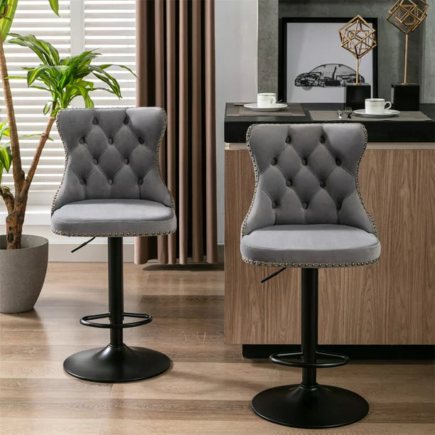 Swivel Velvet Barstools Set of 2, Upholstered Bar Stools with Backs Comfortable Tufted & Nailheads Decor, 25-33'' Height Adjustable Counter Height Bar Chairs Seat for Home Pub Kitchen Island, Gray