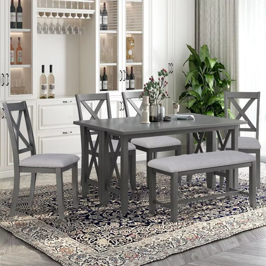 6-Piece Family Dining Table Set with Foldable Table, Wood Dining Table Set with Upholstered Bench and 4 Upholstered Chair, Kitchen Table and Chairs for 6, Living Room Furniture, Gray