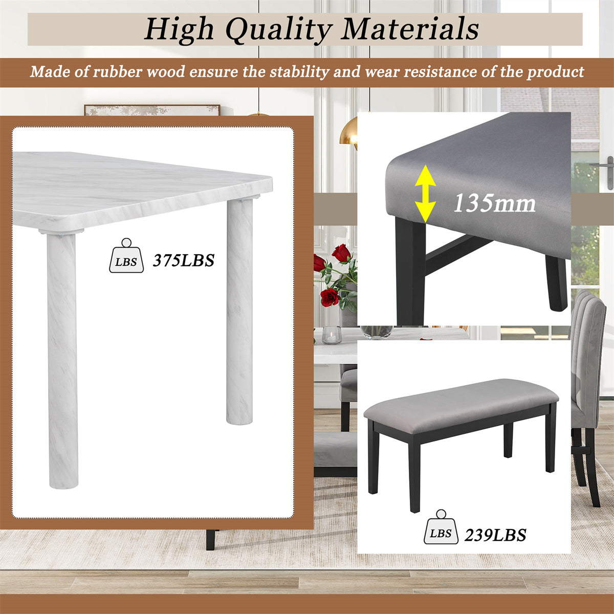 6-Piece Dining Table Set, Marble Veneer Dining Table with 4 Flannelette Upholstered Dining Chairs & Bench, Modern Kitchen Table Set for Dining Room Kitchen, Dining Table Set for 6, White+Gray