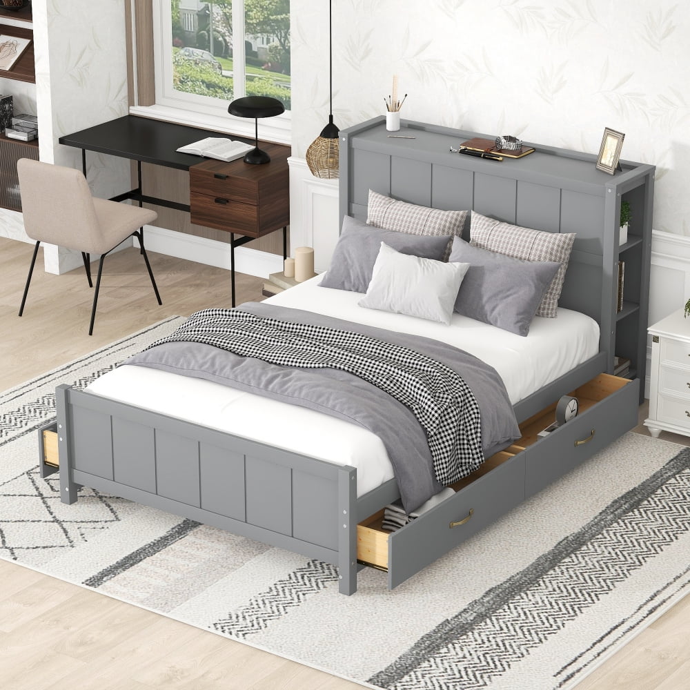 Full Size Bed Frame with 4 Storage Drawers, Wood Full Size Platform Bed with Storage Shelves Headboard, Full Storage Bed with Support Legs for Girls Boys, No Box Spring Needed, Gray